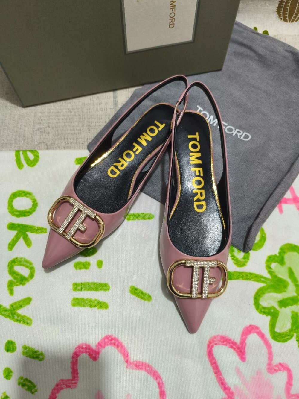 Tom Ford Pink Patent Leather Crystal Tf Logo Slingback Flats